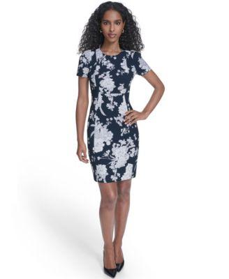 calvin klein womens printed puff sleeve sheath dress