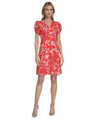 calvin klein womens printed puff sleeve shift dress