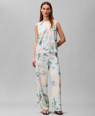 calvin klein womens satin printed sleeveless top printed pull on wide leg pants