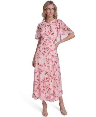 calvin klein womens short sleeve smocked printed dress