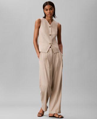 calvin klein womens sleeveless v neck tailored vest mid rise pinstripe wide leg pants