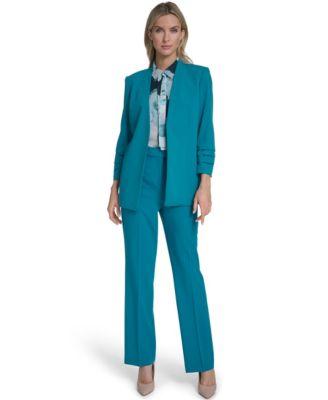 calvin klein womens textured ruffle neckline top open front ruched sleeve jacket modern fit pant