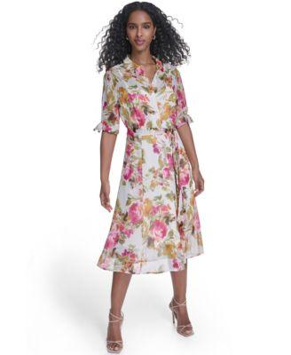 calvin klein womens tie sleeve printed midi dress