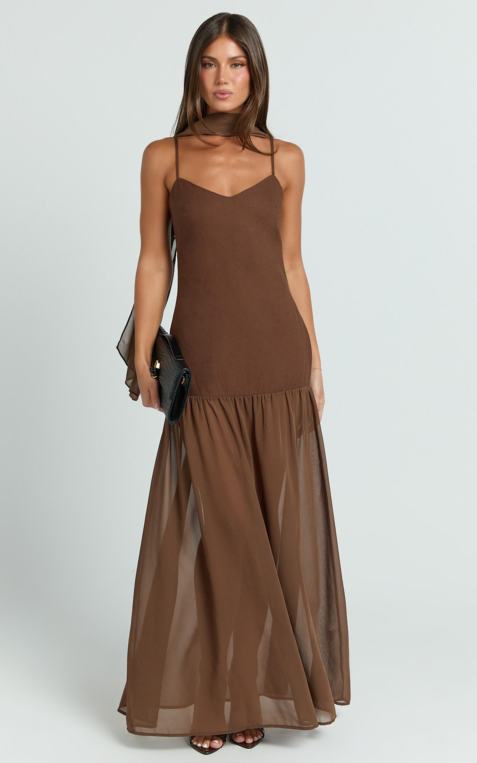calvin maxi dress - linen look contrast georgette skirt with neck scarf in chocolate