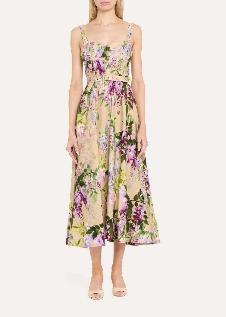 calypso sweetheart bustier floral linen midi dress