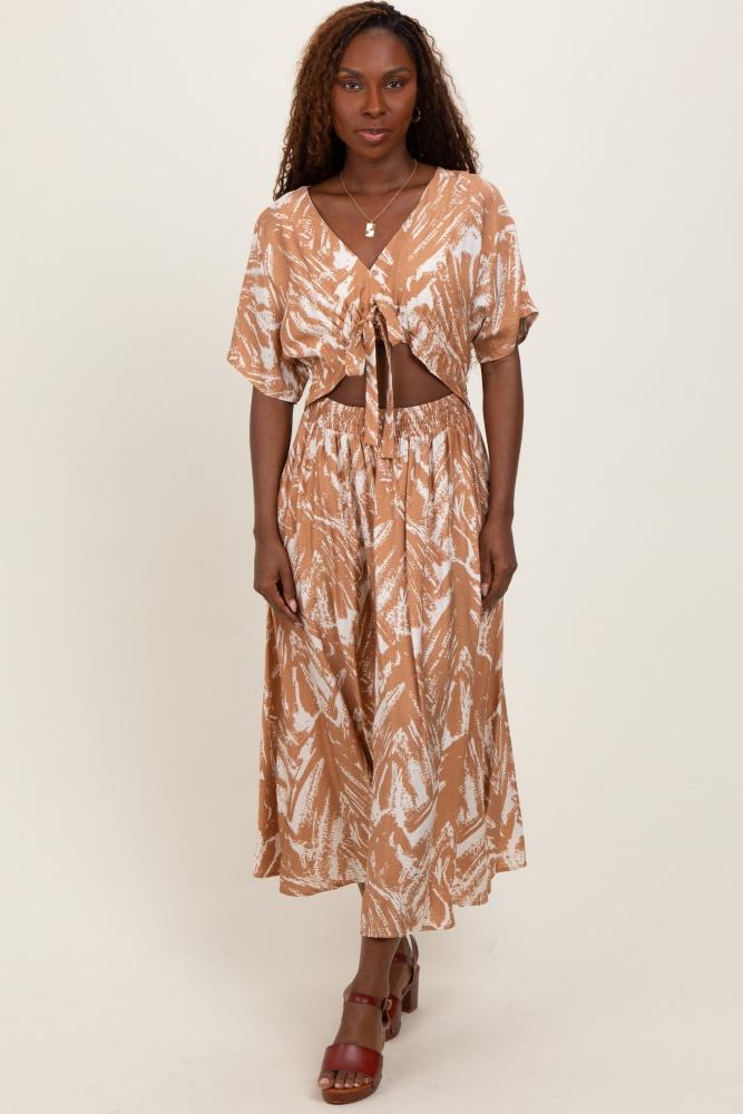 camel brushstroke print cutout midi dress
