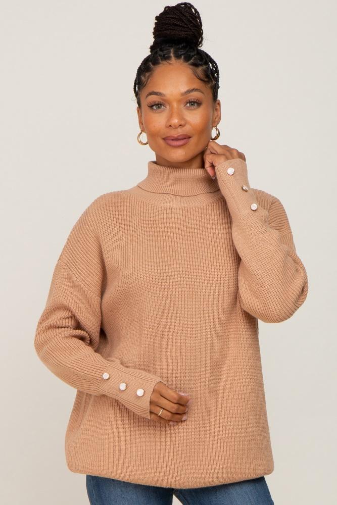 camel button accent turtleneck sweater