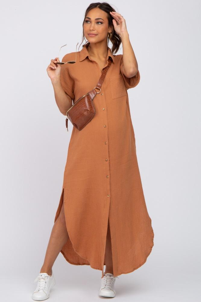 camel button down maternity midi dress