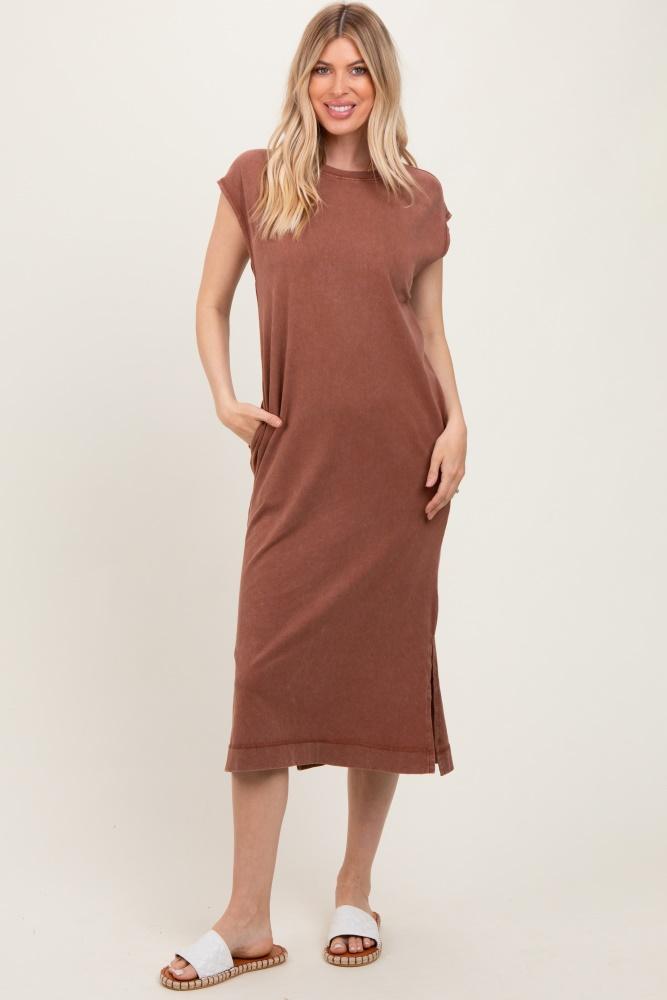 camel casual sleeveless pocketed midi dress