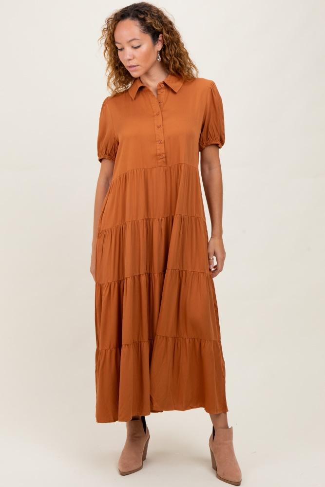 camel collared button down tiered midi dress