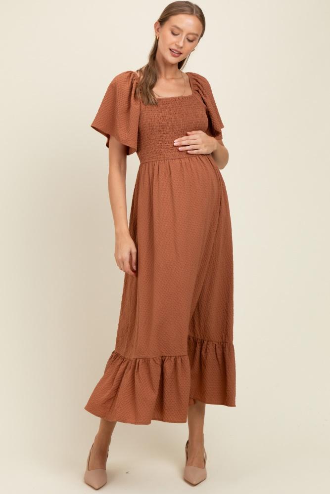camel convertible stretchy smocked maternity maxi dress