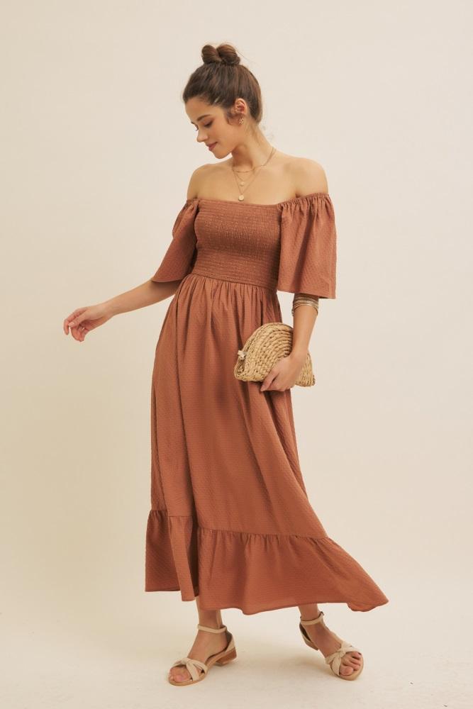 camel convertible stretchy smocked maxi dress