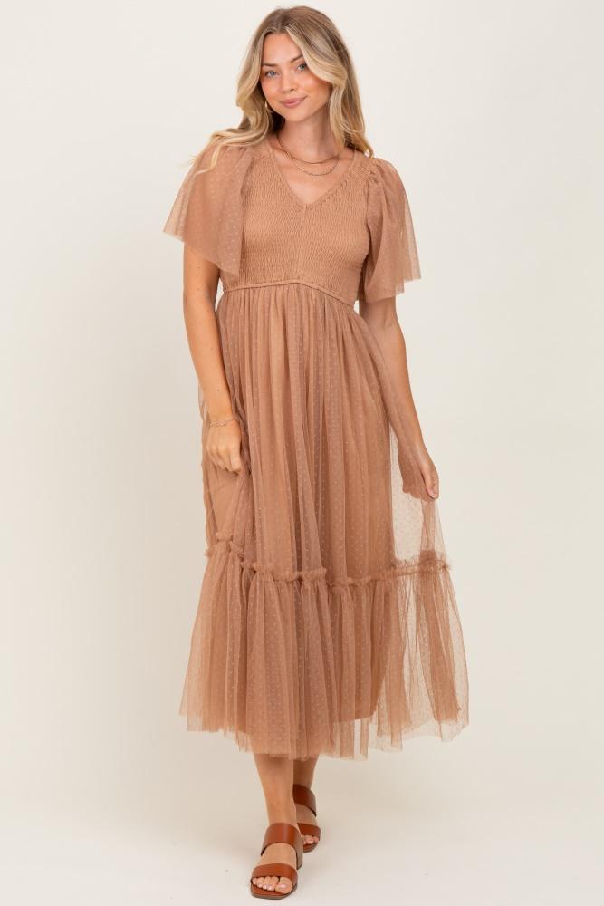camel dotted tulle smocked midi dress