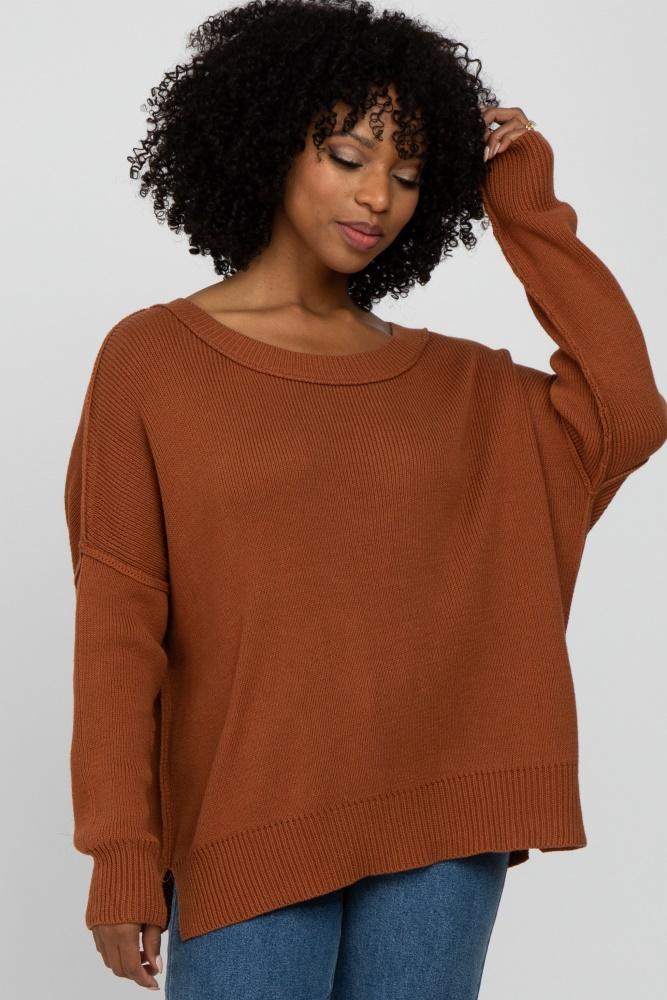camel exposed seam side slit sweater