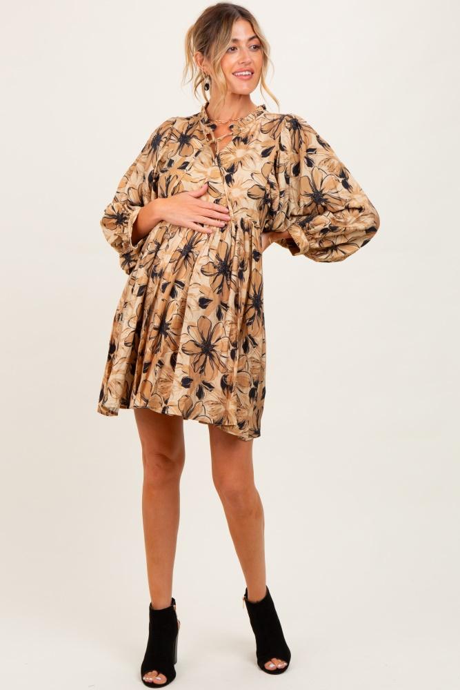 camel floral front tie bubble sleeve maternity mini dress