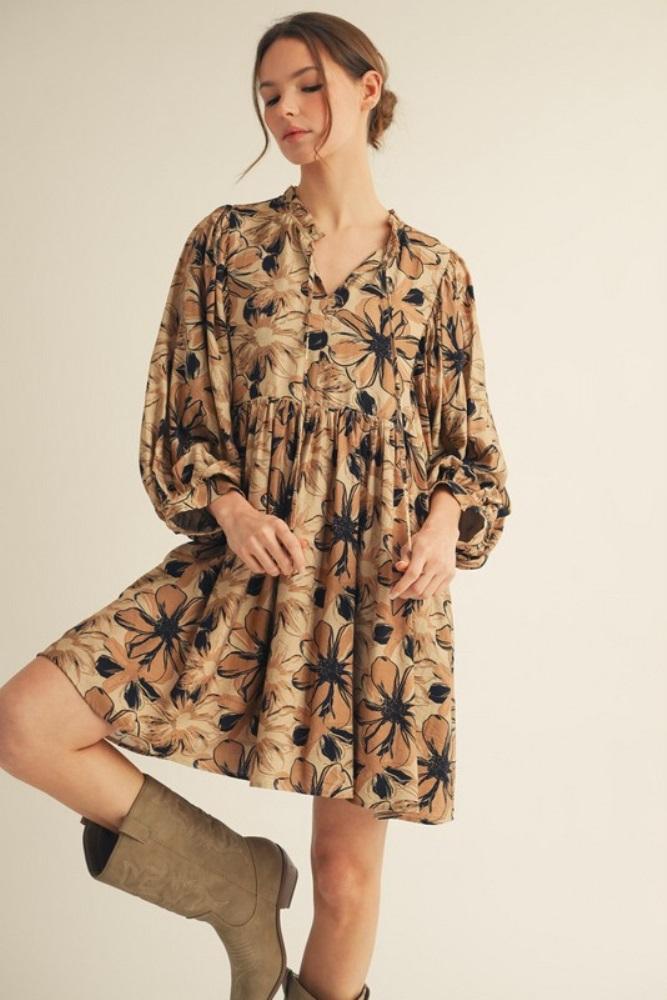 camel floral front tie bubble sleeve mini dress
