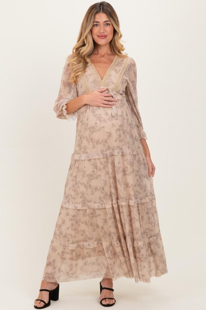 camel floral mesh overlay lace trim maternity maxi dress