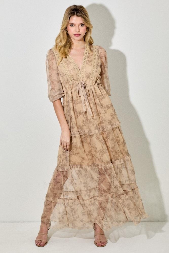 camel floral mesh overlay lace trim maxi dress