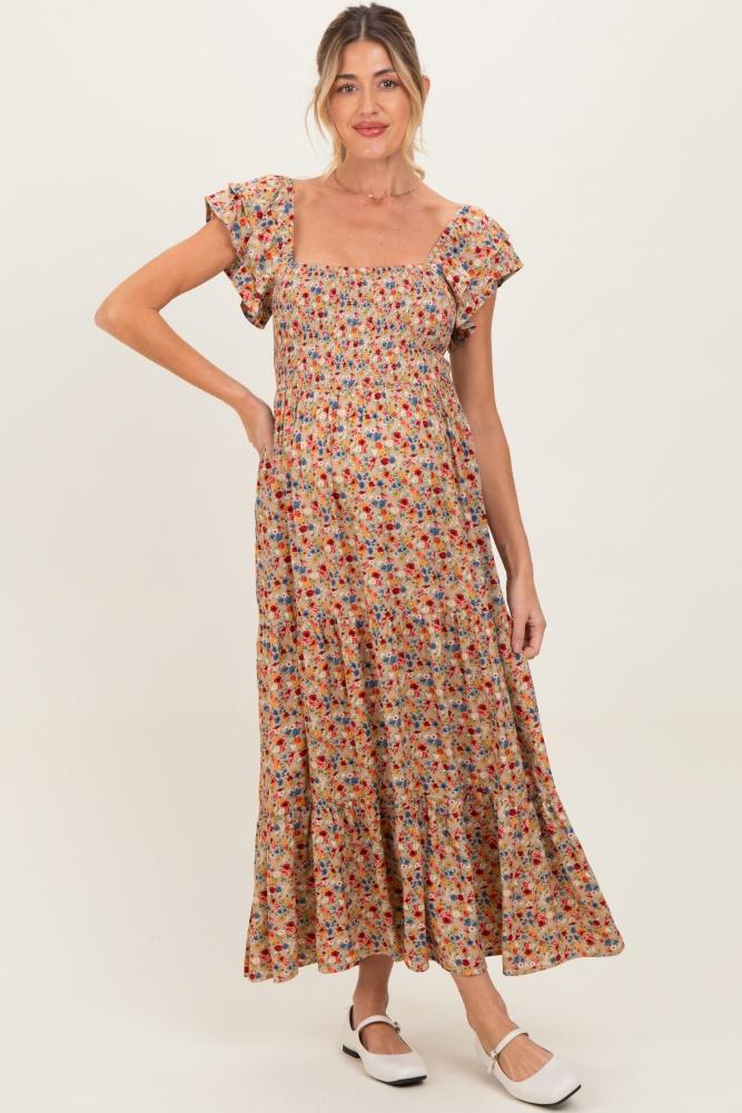 camel floral off shoulder smocked maternity maxi dress