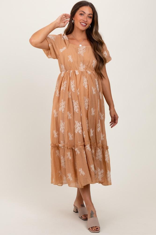 camel floral print ruffle hem maternity midi dress