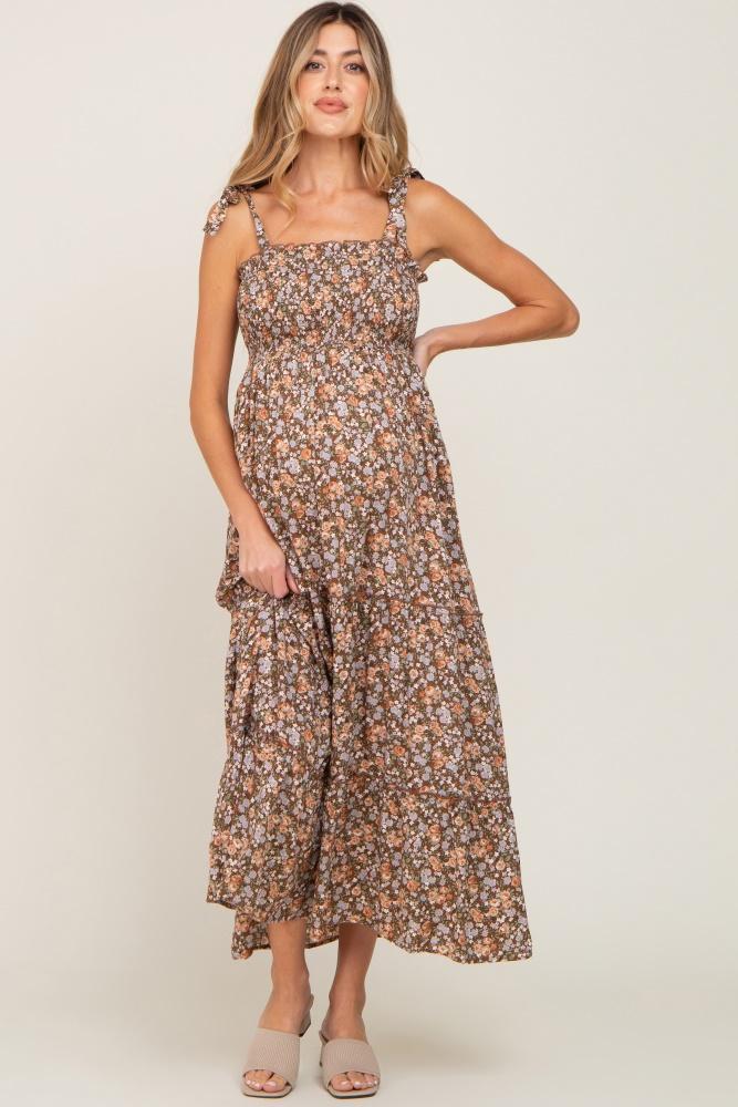 camel floral sleeveless tiered maternity maxi dress