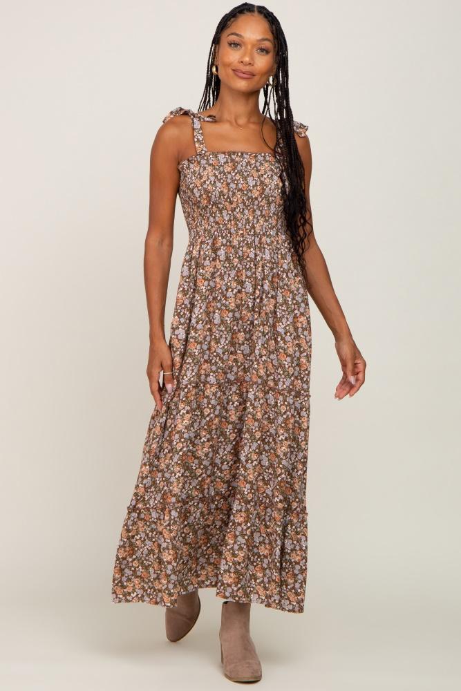 camel floral sleeveless tiered maxi dress