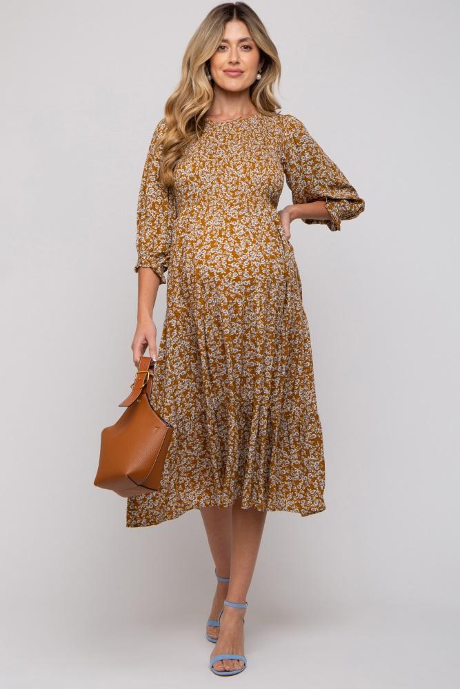 camel floral smocked 3/4 sleeve maternity midi dress
