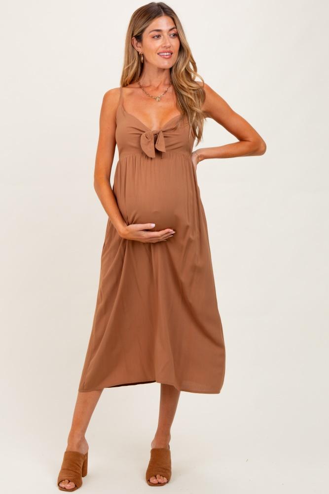 camel front tie sleeveless maternity midi dress