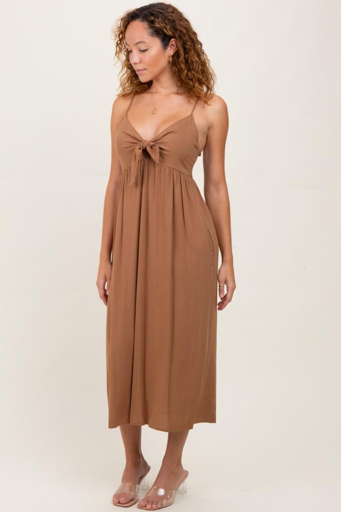 camel front tie sleeveless midi dress
