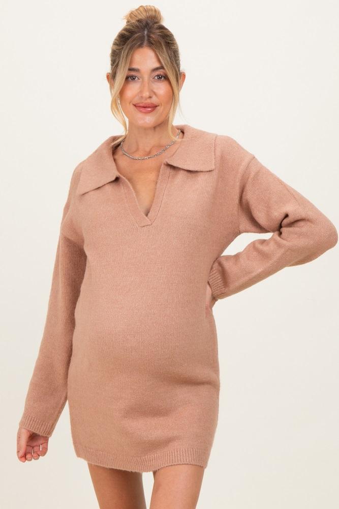 camel long sleeve polo maternity sweater dress