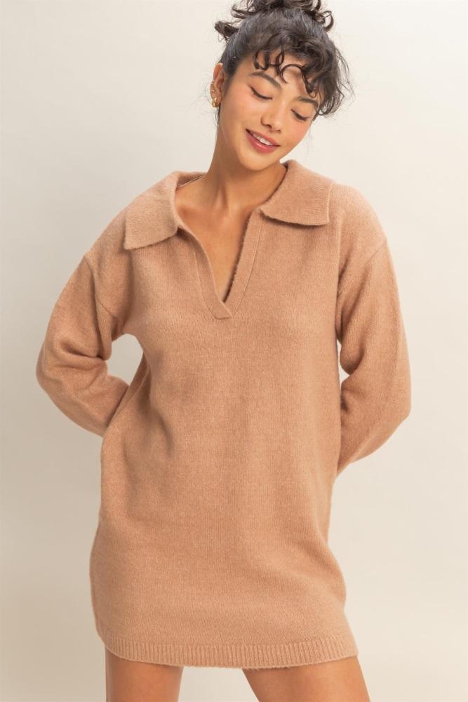 camel long sleeve polo sweater dress