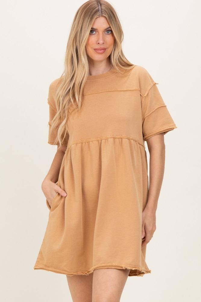 camel raw hem short sleeve dress