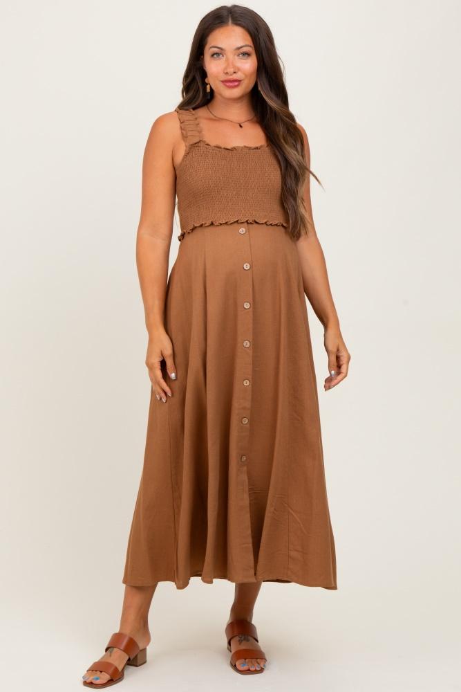 camel smocked sleeveless button down maternity midi dress