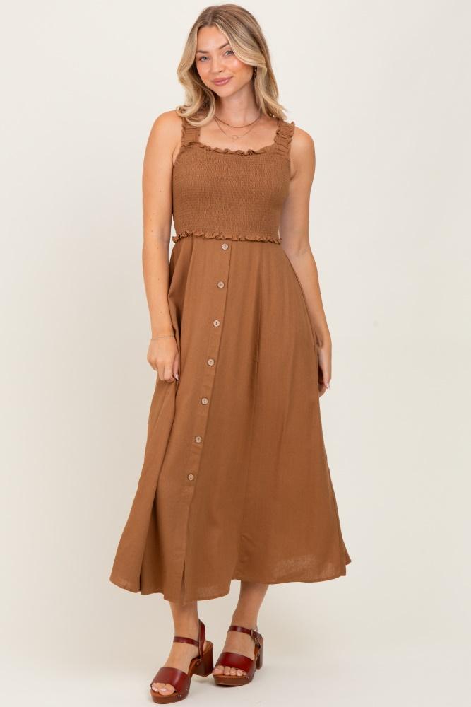 camel smocked sleeveless button down midi dress