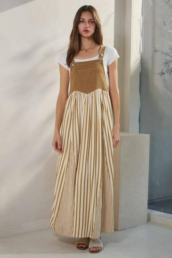 camel striped colorblock denim contrast maxi dress