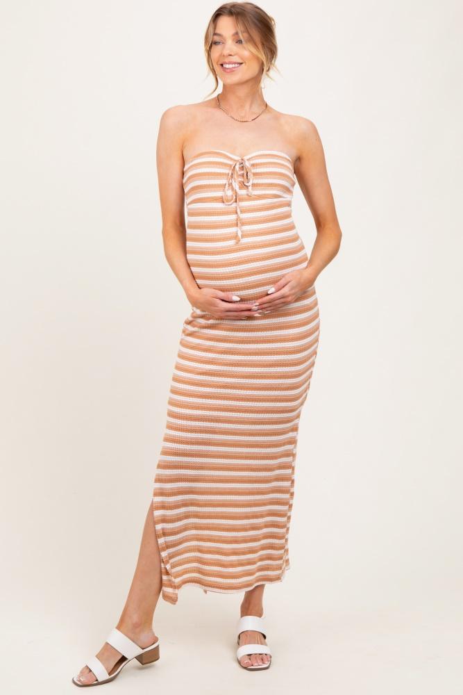 camel striped knit strapless side slit maternity maxi dress