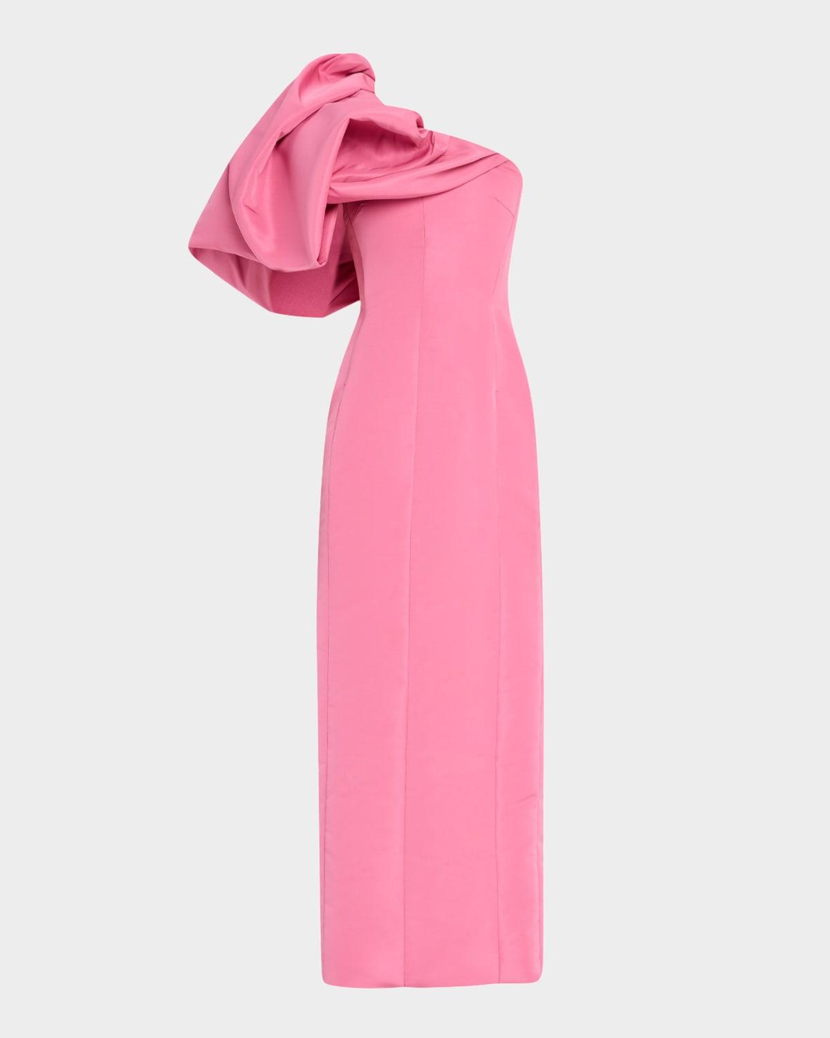 camellia draped cloud one-shoulder faille dress