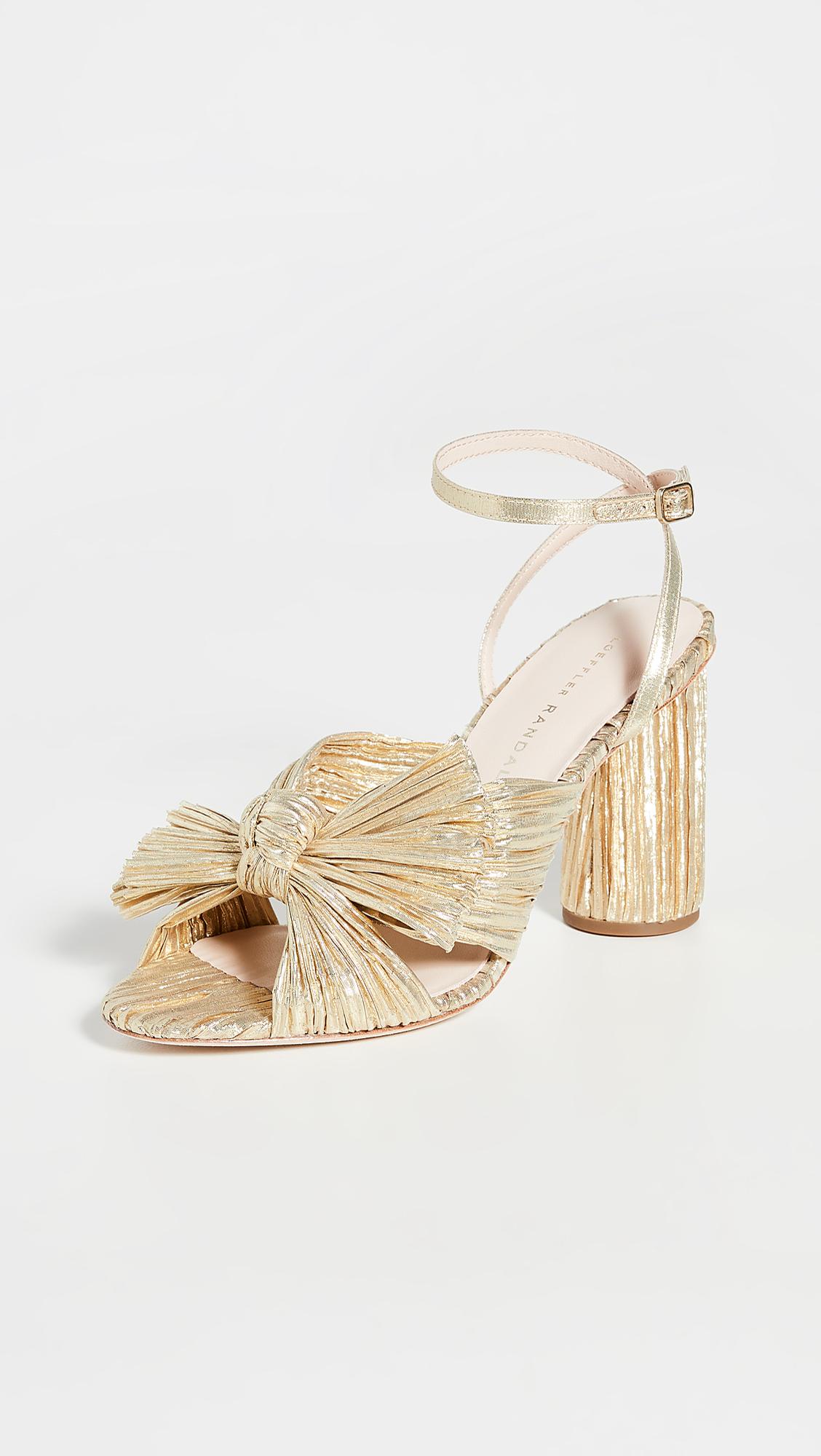 camellia gold pleated bow heel with ankle strap