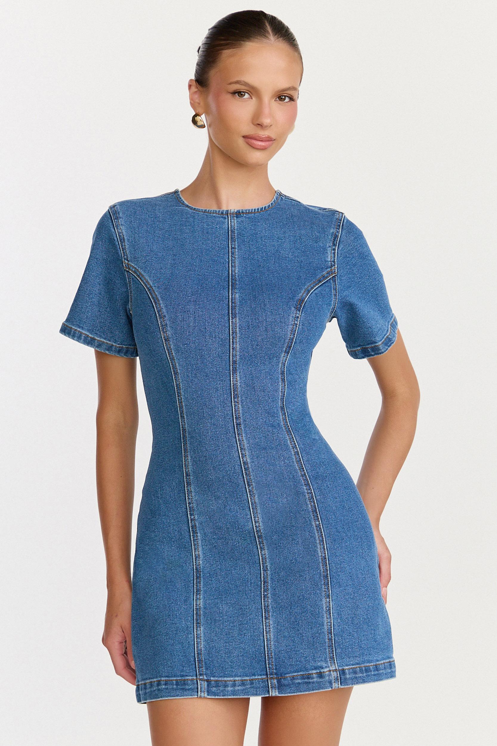 camellia mini dress - high neck a line dress in mid blue wash