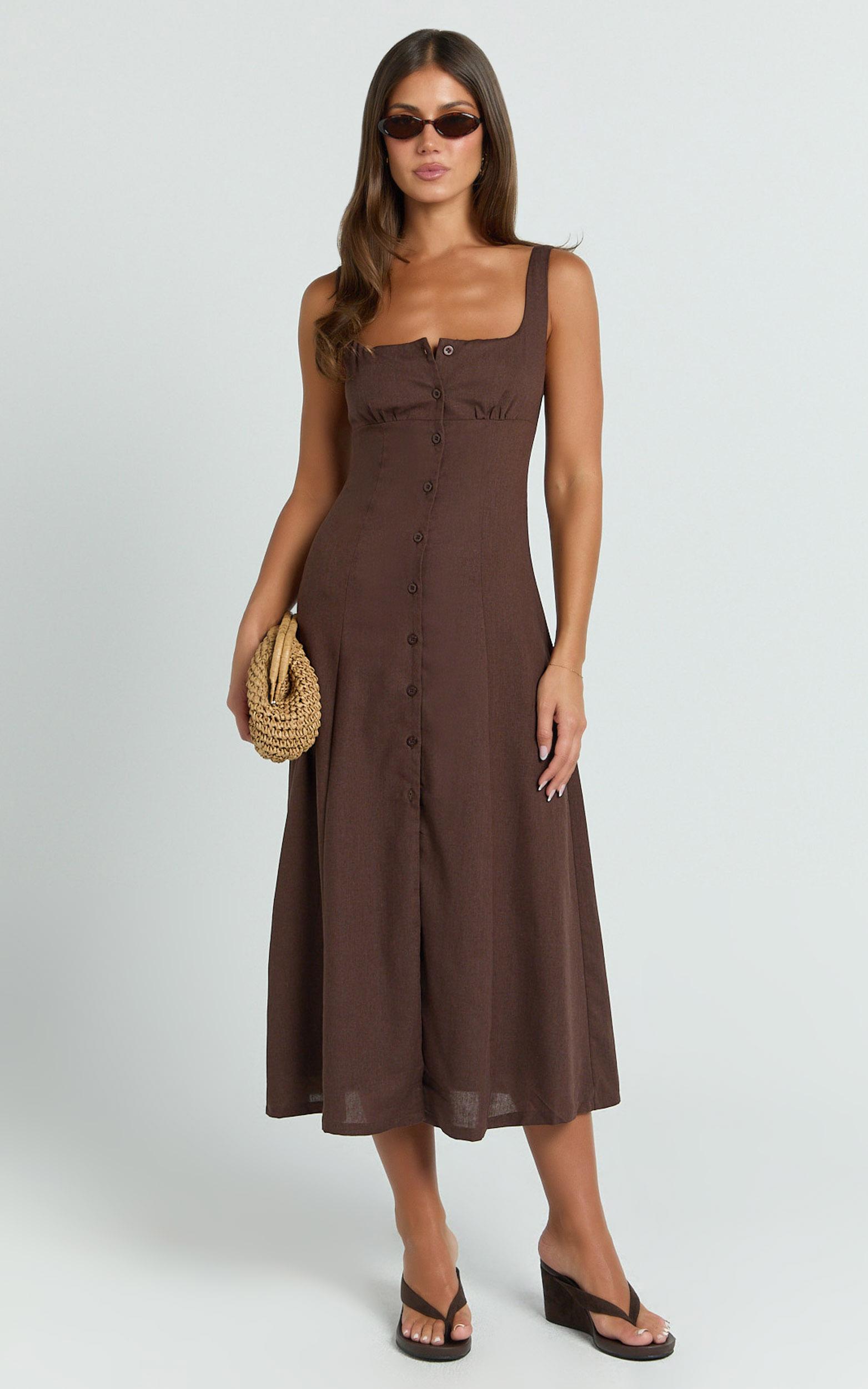 cameron midi dress - button front tie back dress in chocolate