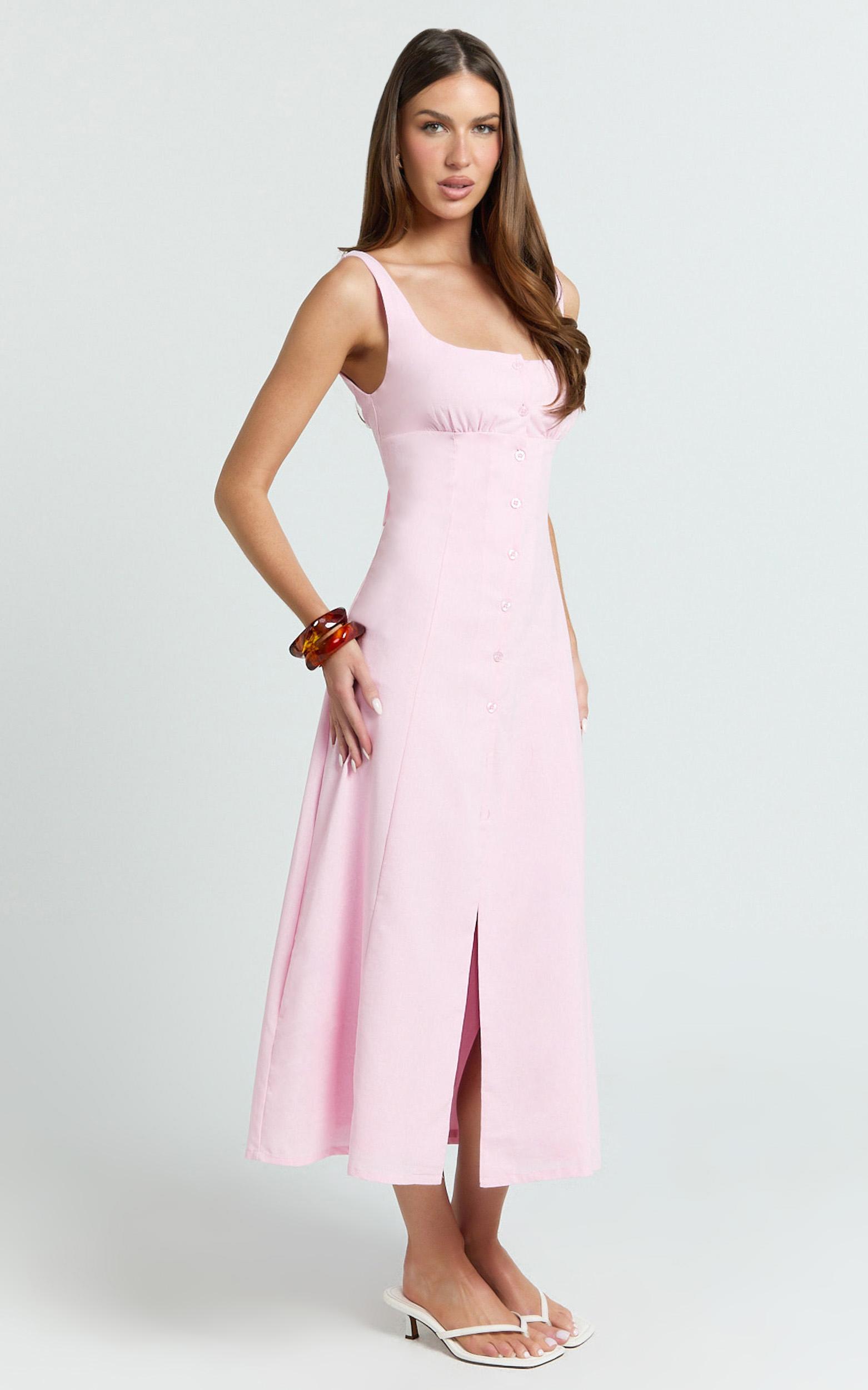 cameron midi dress - button front tie back dress in pink