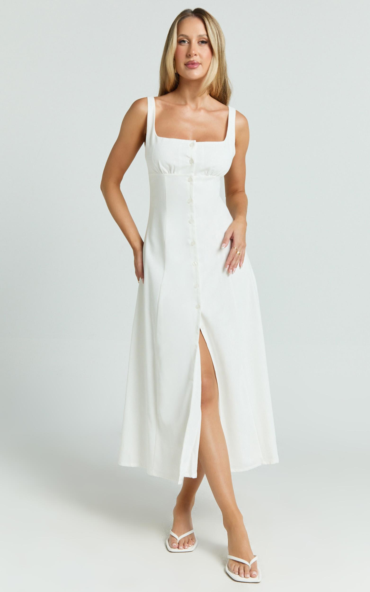 cameron midi dress - button front tie back dress in white