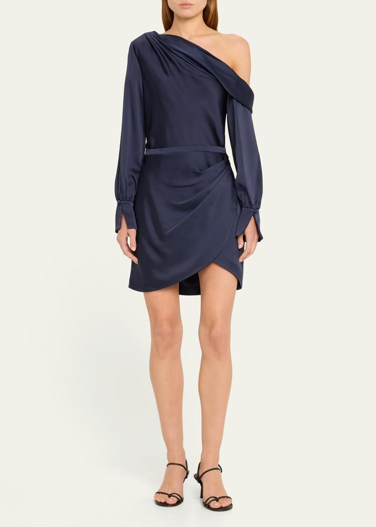 cameron one-shoulder wrap-skirt satin mini dress