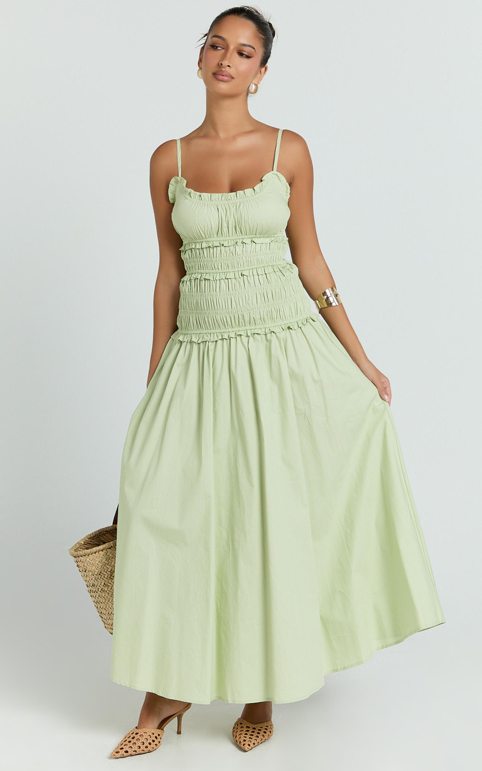 cami midi dress - rushed bodice dress in sage