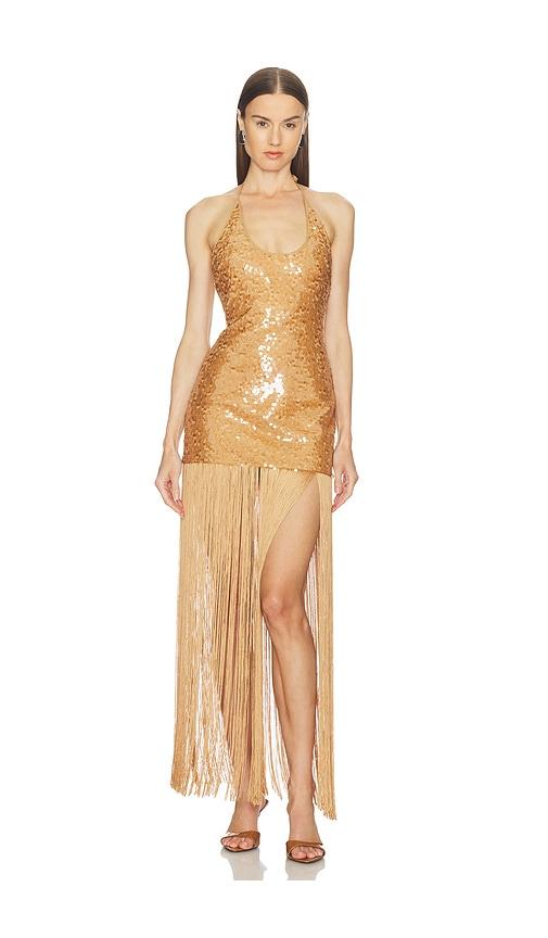 camila coelho ankira maxi dress in metallic bronze.