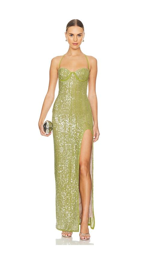 camila coelho brihante sequin maxi dress in green.