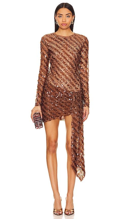 camila coelho cataleya sequin mini dress in metallic bronze, brown.