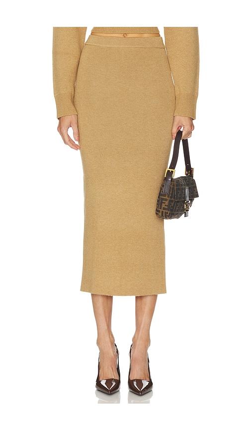 camila coelho costansa midi skirt in tan.