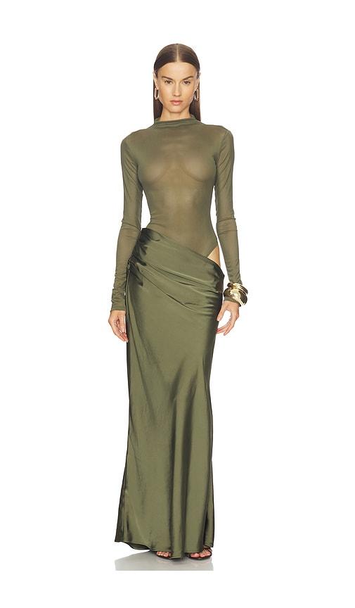 camila coelho elarina maxi dress in olive.