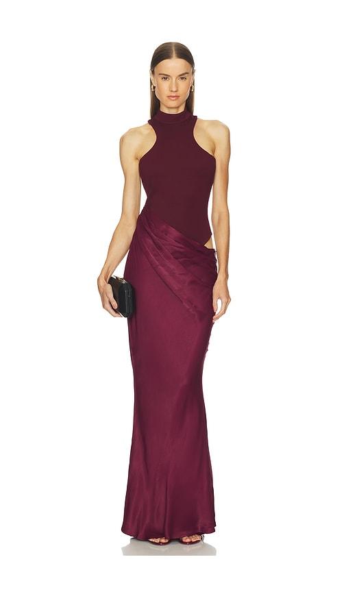 camila coelho estrella maxi dress in burgundy.